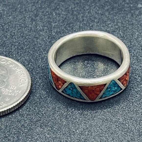 Carolyn Pollack Relios ring Silver 925 Navajo SW CORAL & TURQUOISE S 5.5 << 6 - Picture 5 of 10